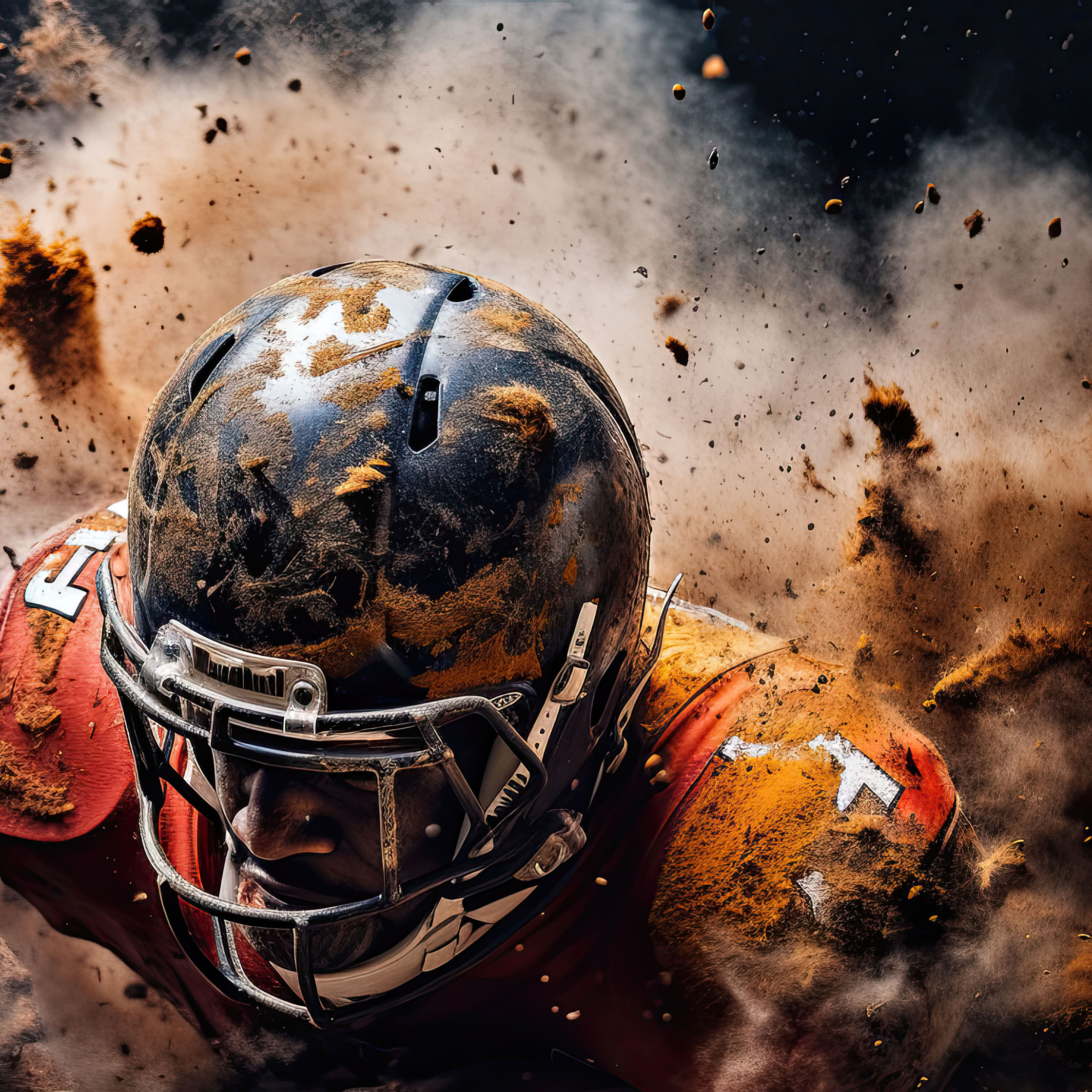 a football player is running through a cloud of dust