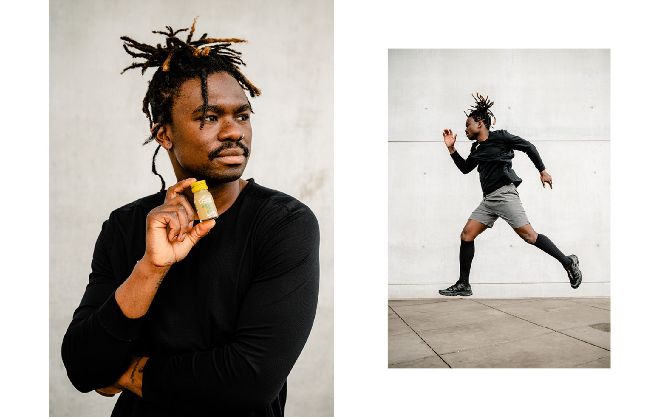 two pictures of a man with dreadlocks jumping and posing for klosterkitchen, with a bottle in the hand