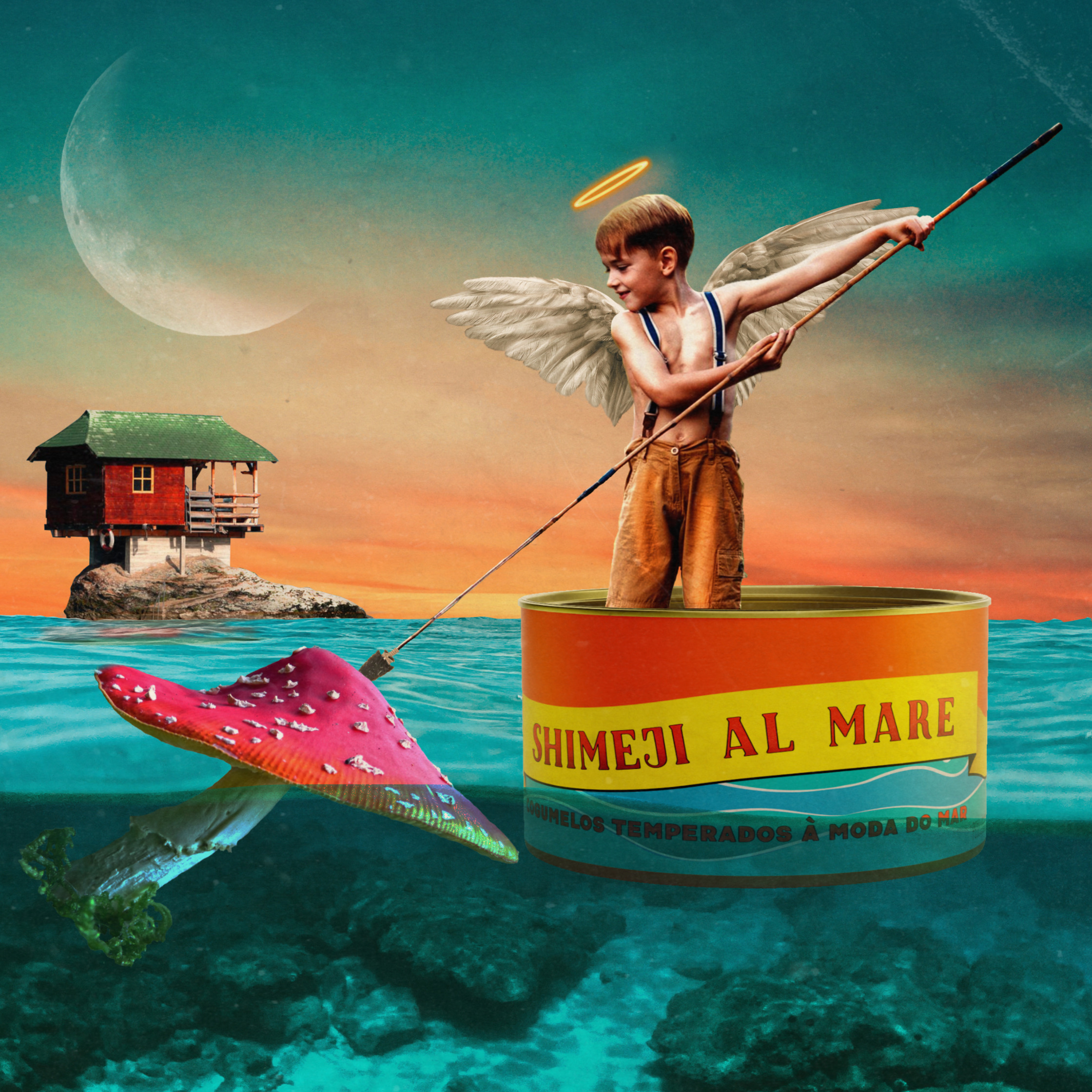 a boy is fishing in a tin can, packaging design, creative packaging design, collage art, collage illustration, design de embalagens, packaging design freelancer, creative branding, brand identity,