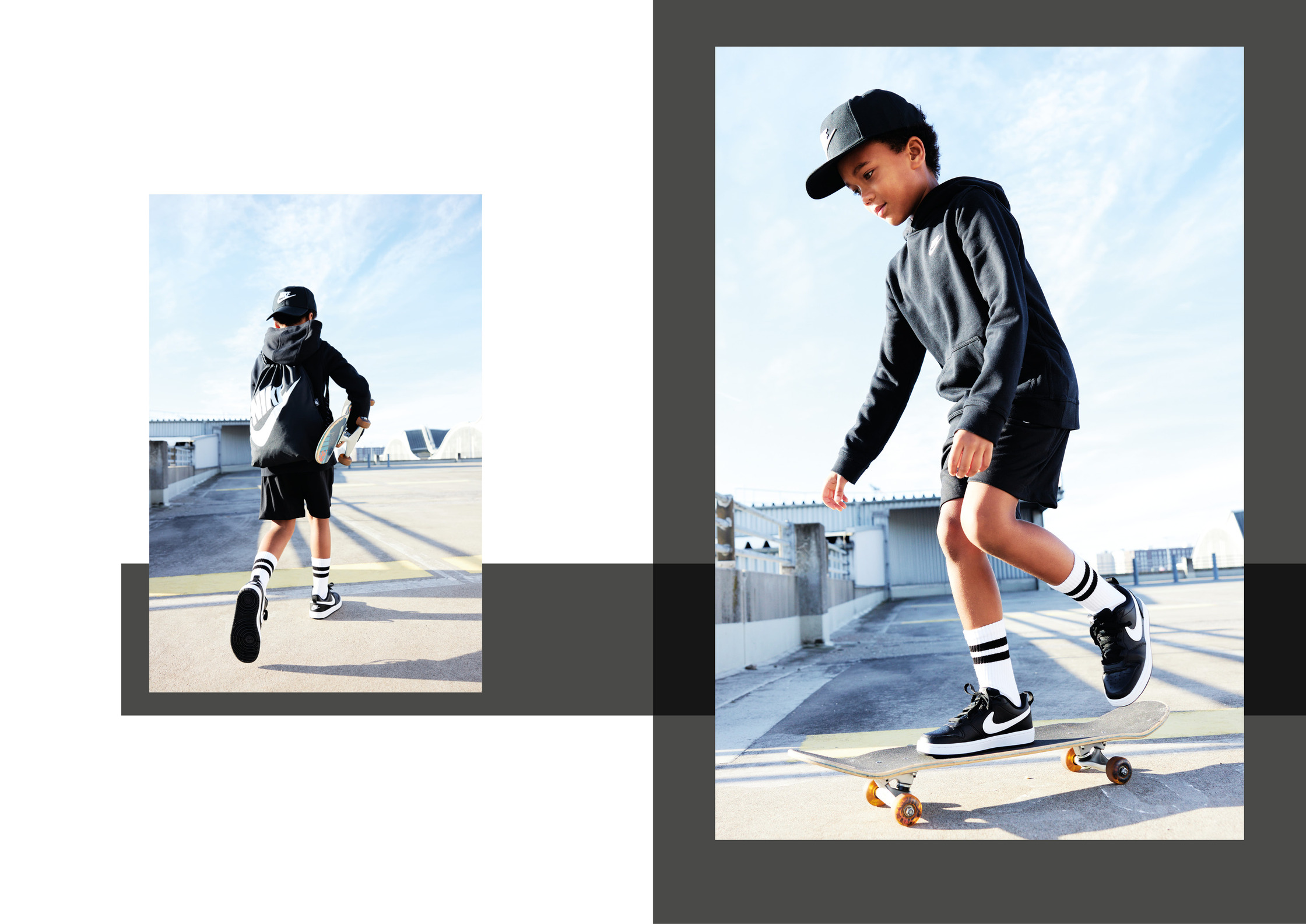 two pictures of a boy riding a skateboard