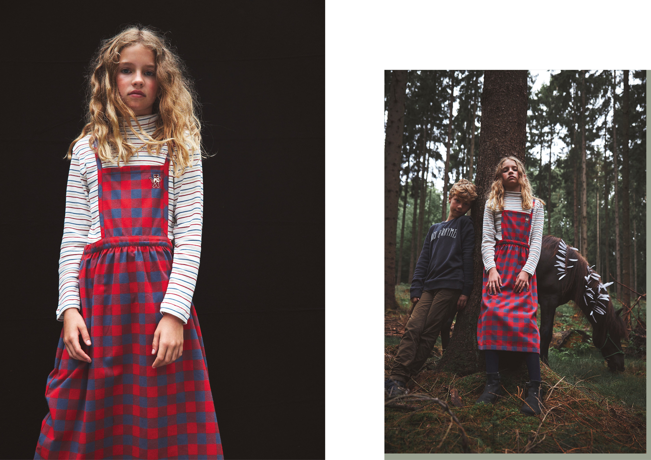 two pictures of a girl in a plaid dress standing in the woods