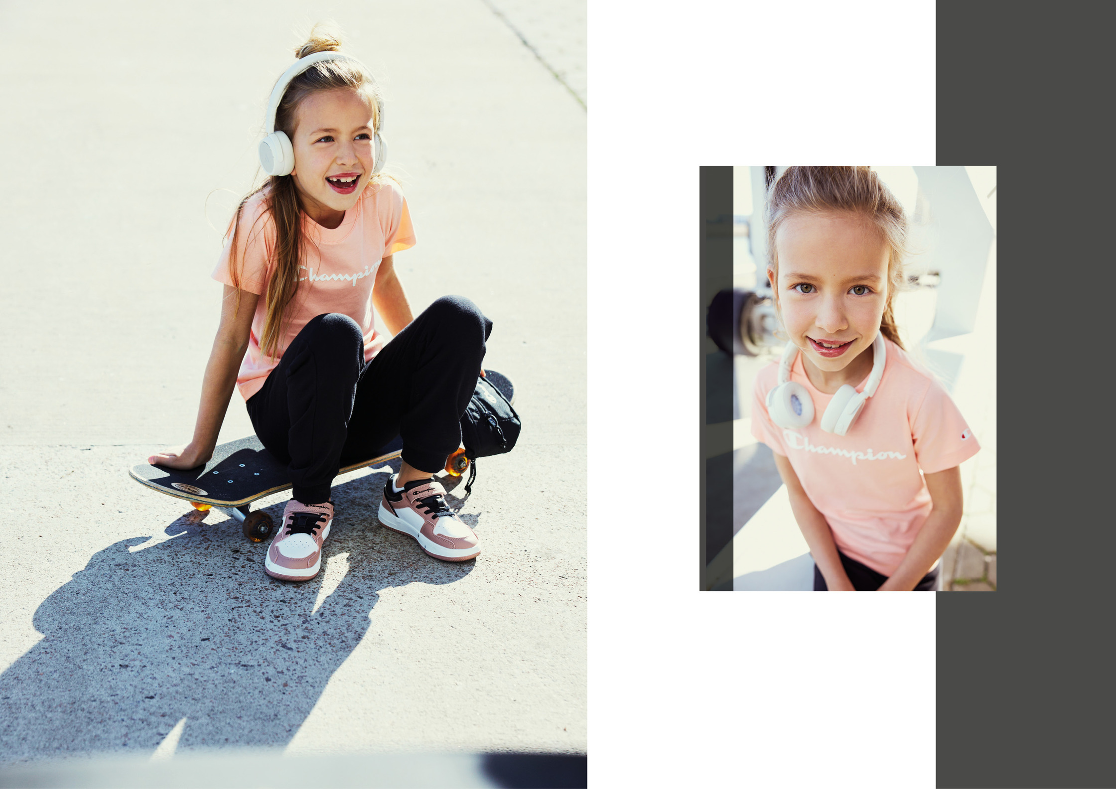 two pictures of a girl sitting on a skateboard