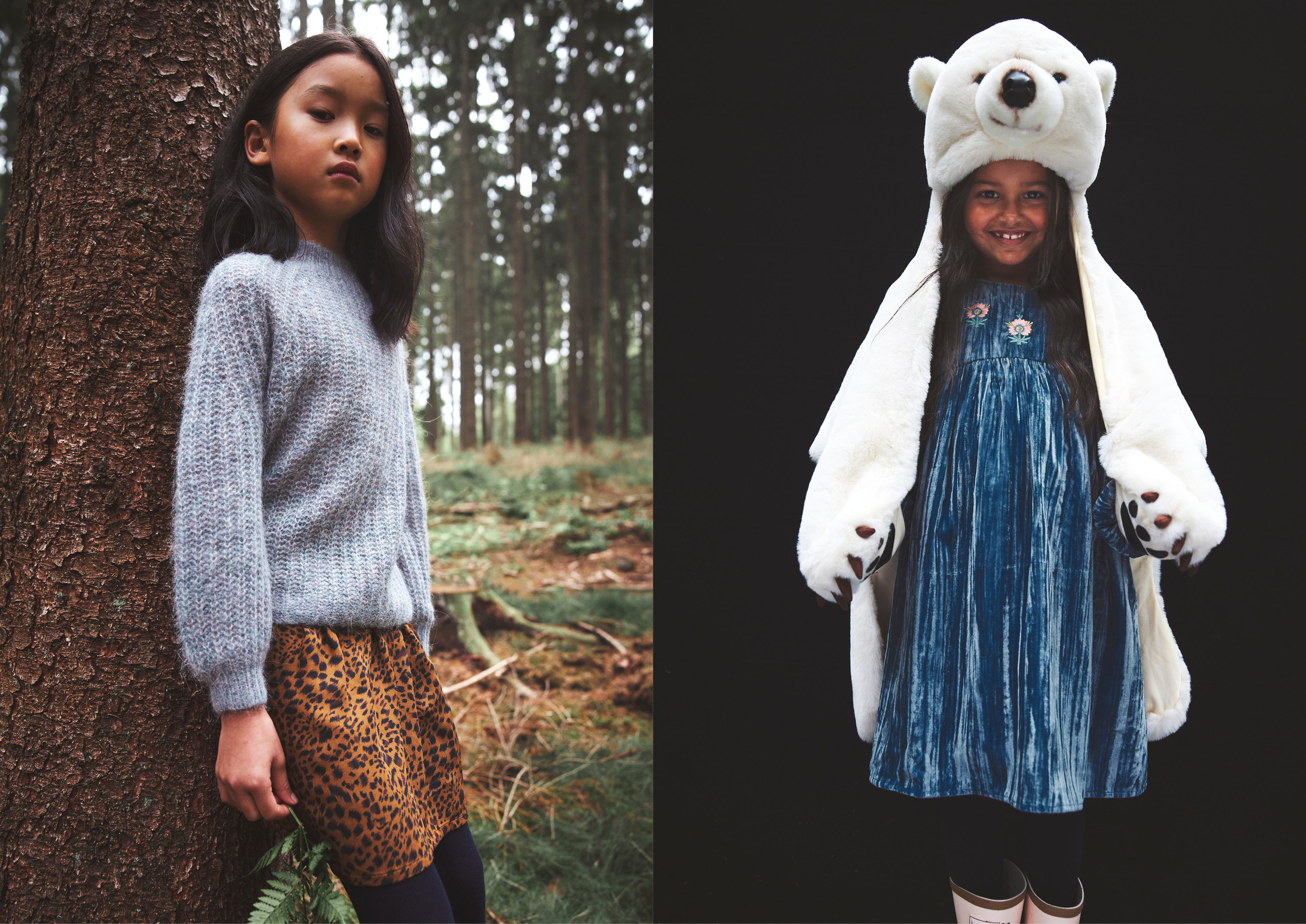 two pictures of a girl wearing a polar bear hat