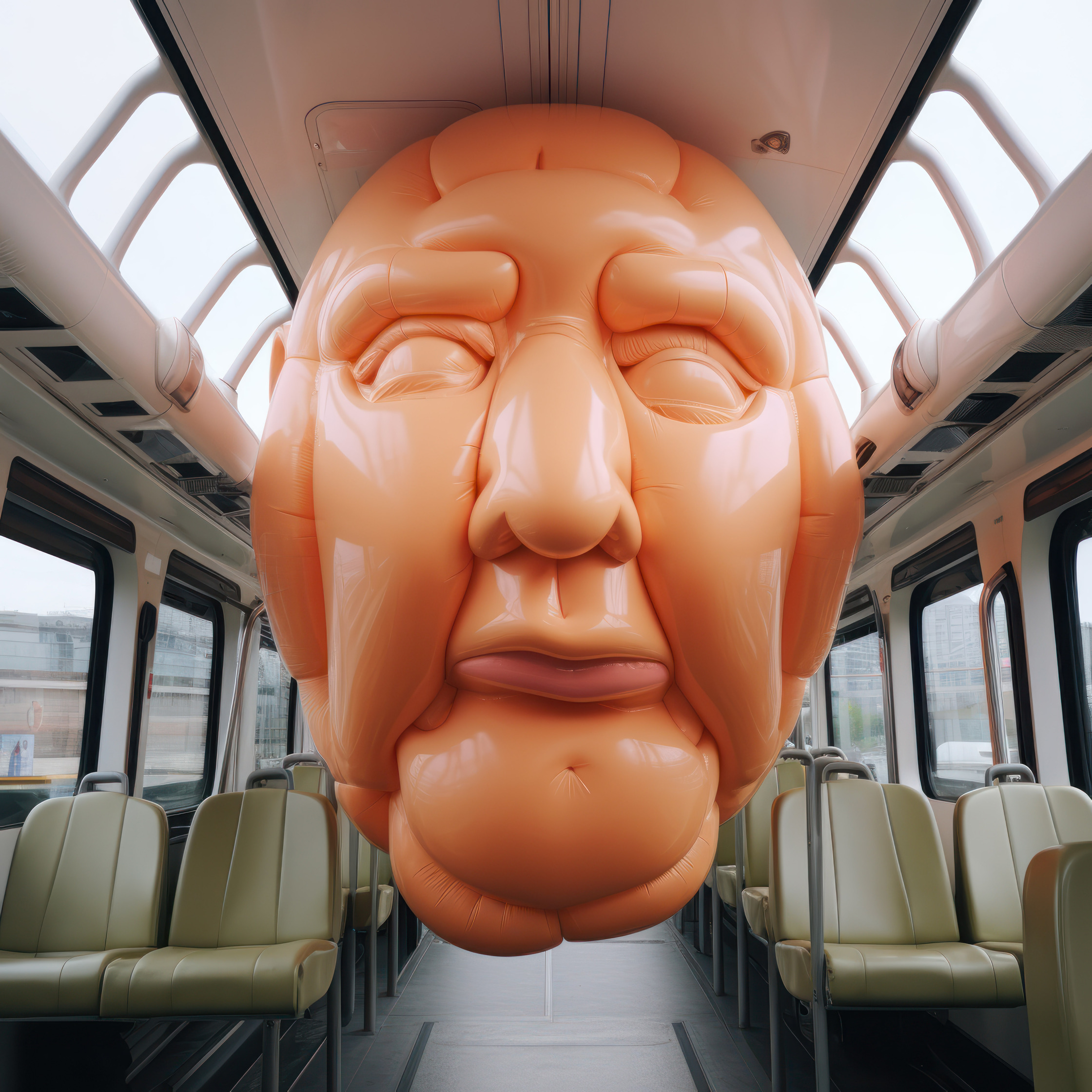 a balloon depicting a man's head in the middle of a bus