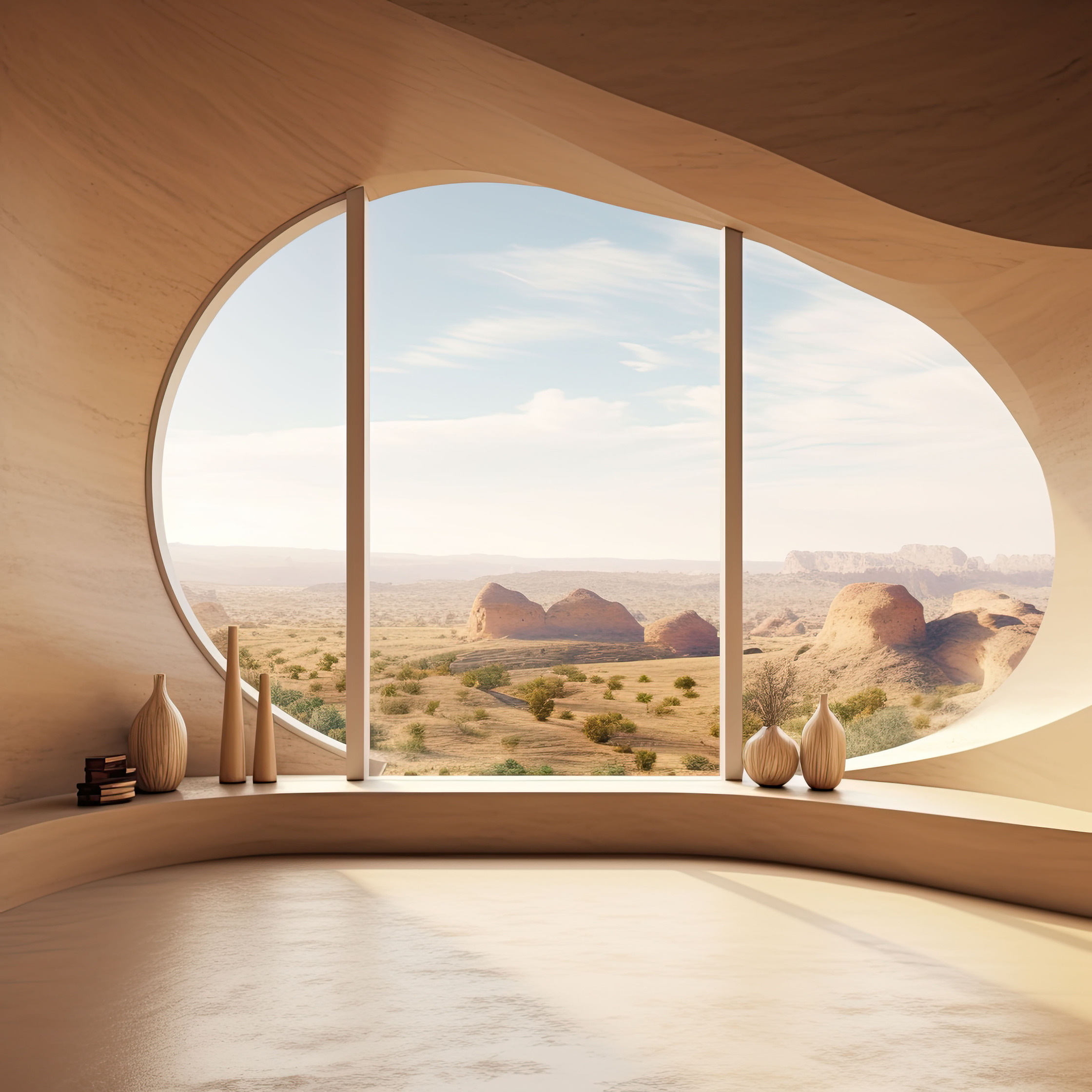 a room with a circular window overlooking a desert