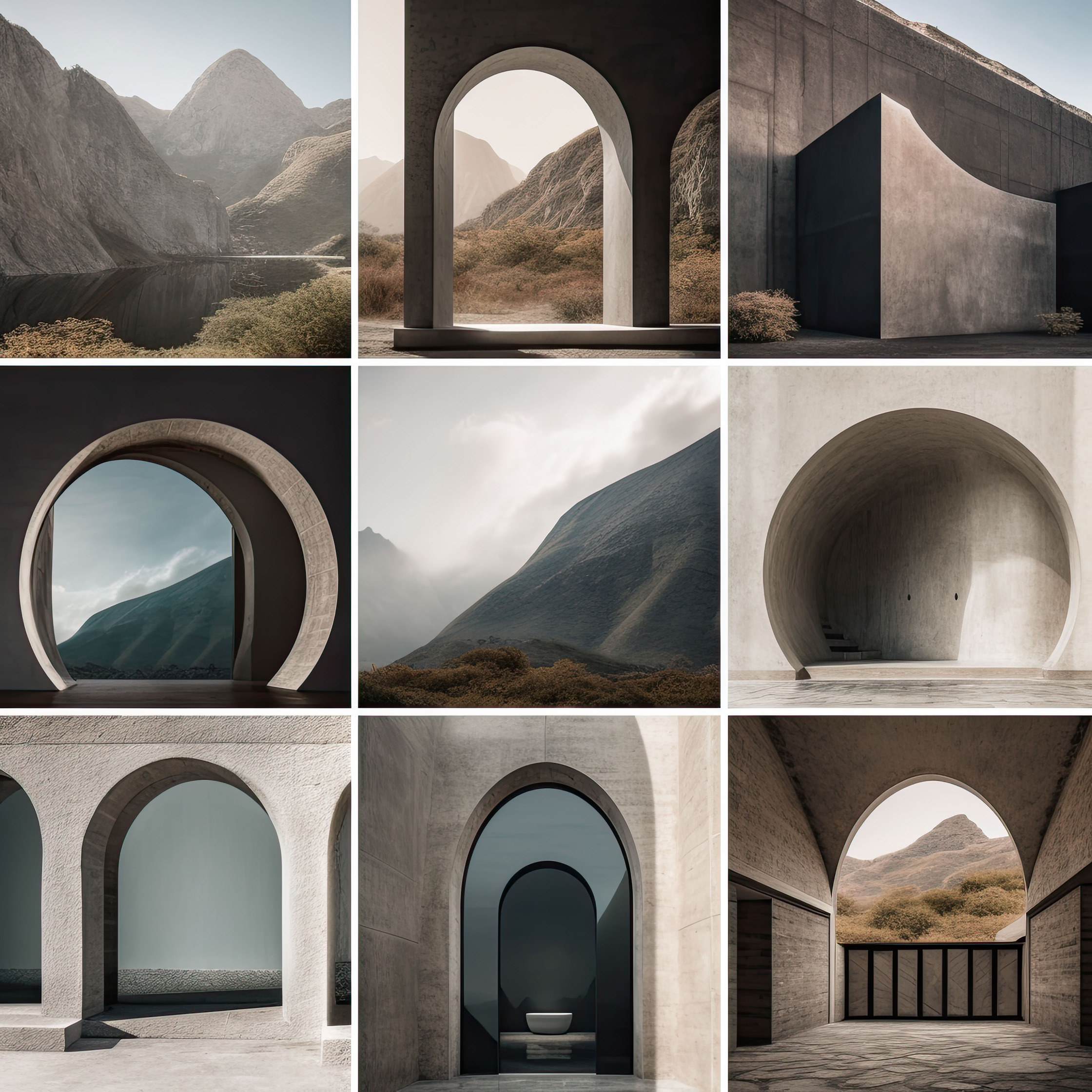 a series of photos of a series of arches in the mountains of patagonia