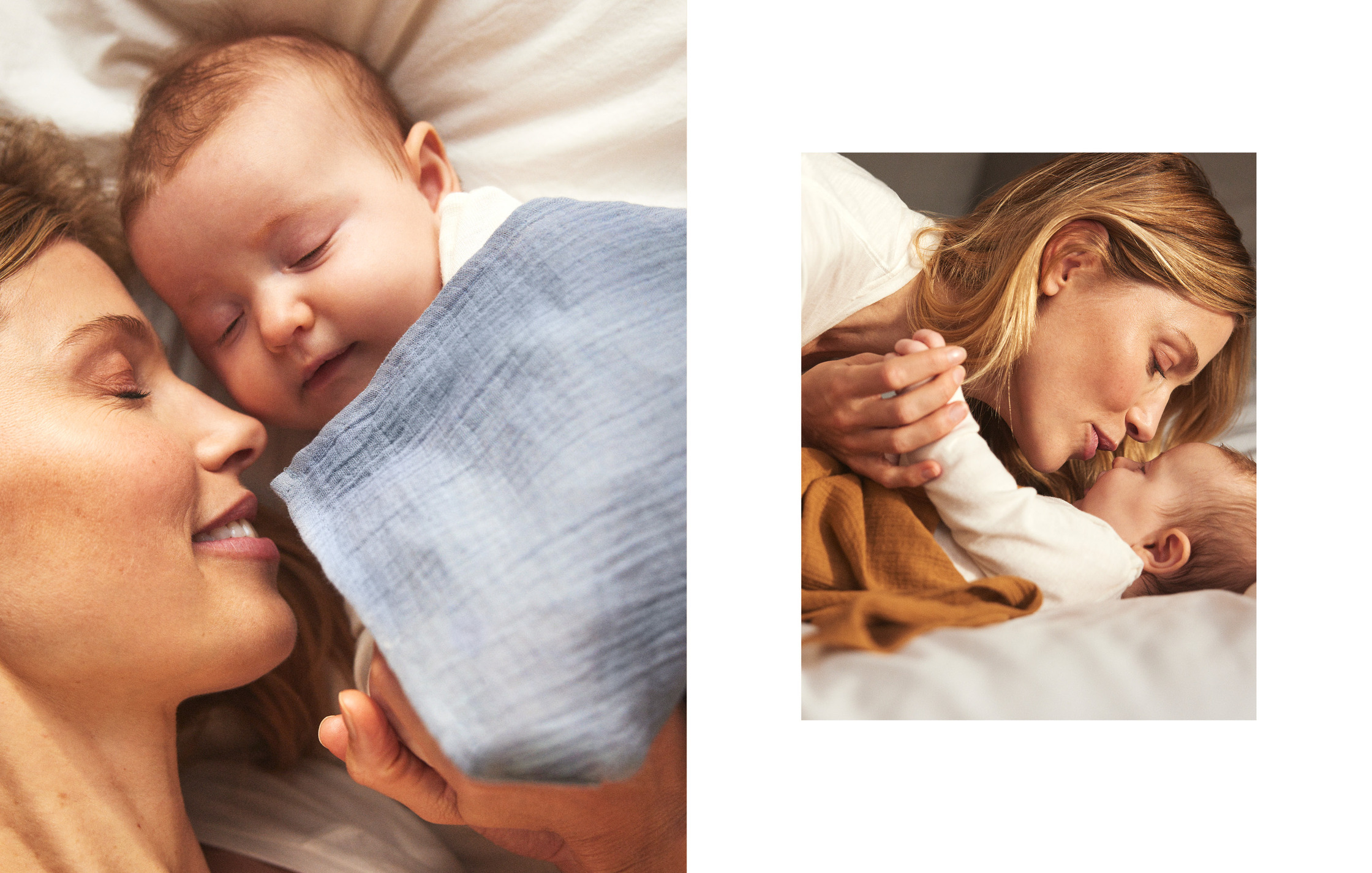 two pictures of a woman and a baby laying on a bed