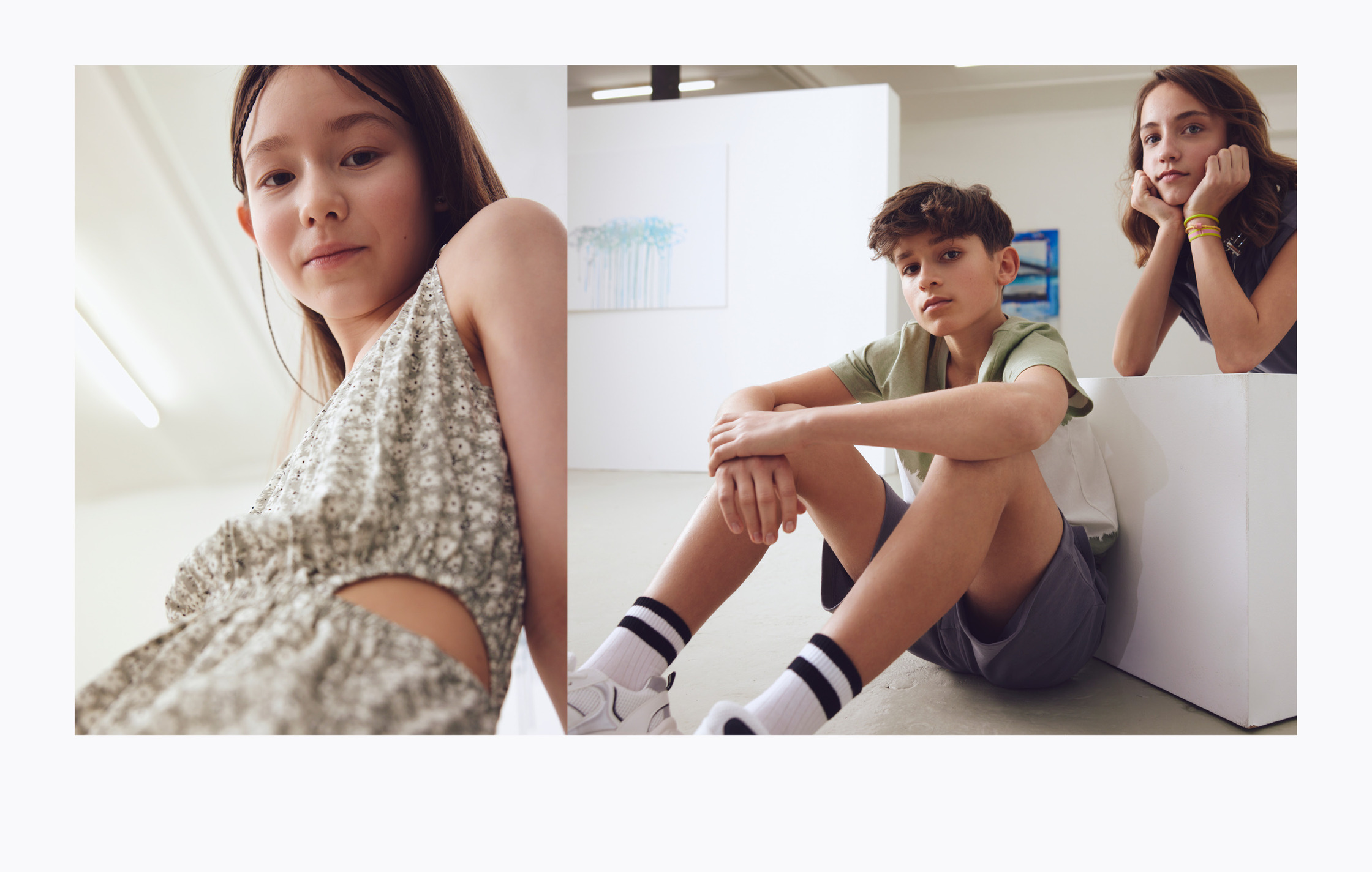 two pictures of a girl and a boy sitting on the floor