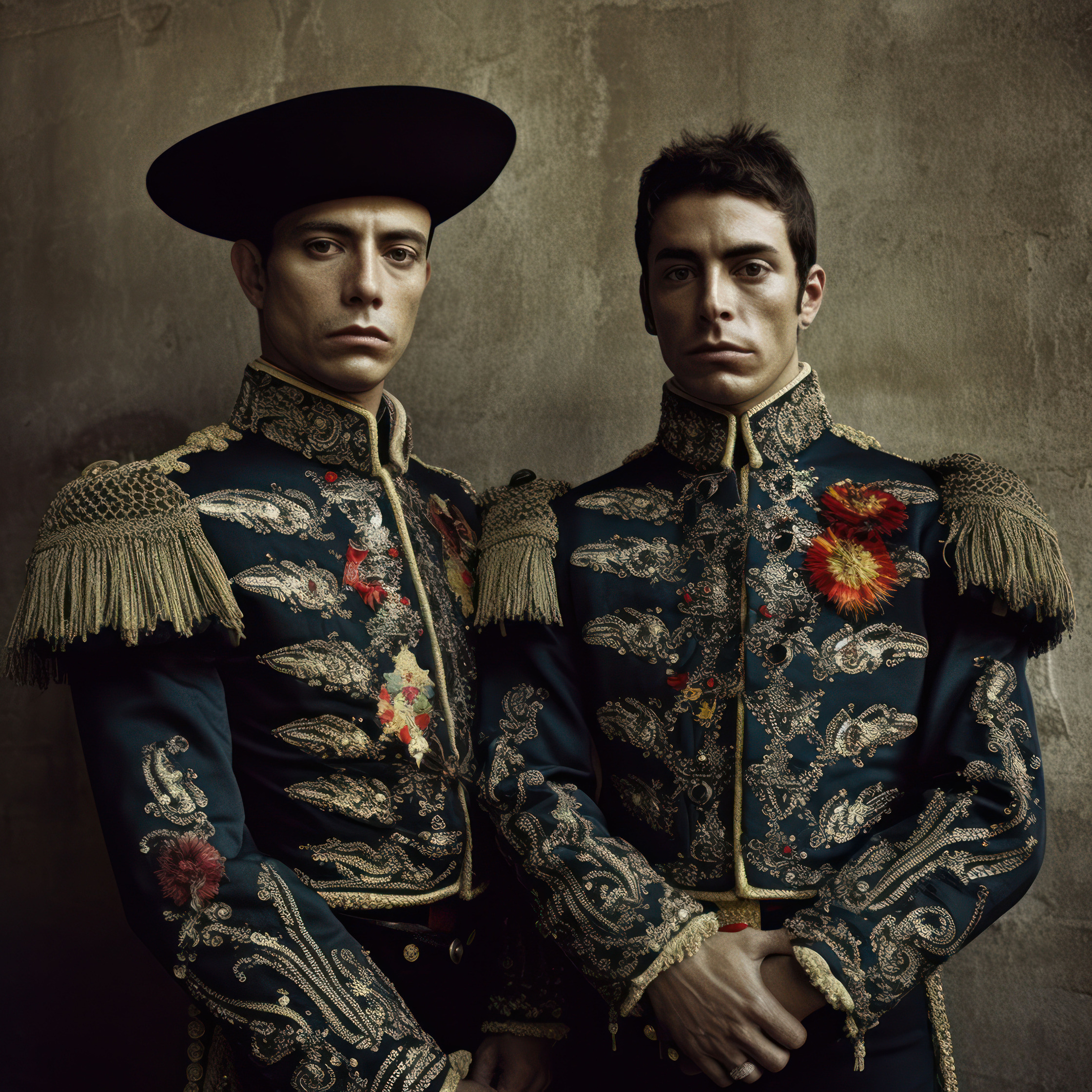two men in traditional bullfight uniforms standing next to each other