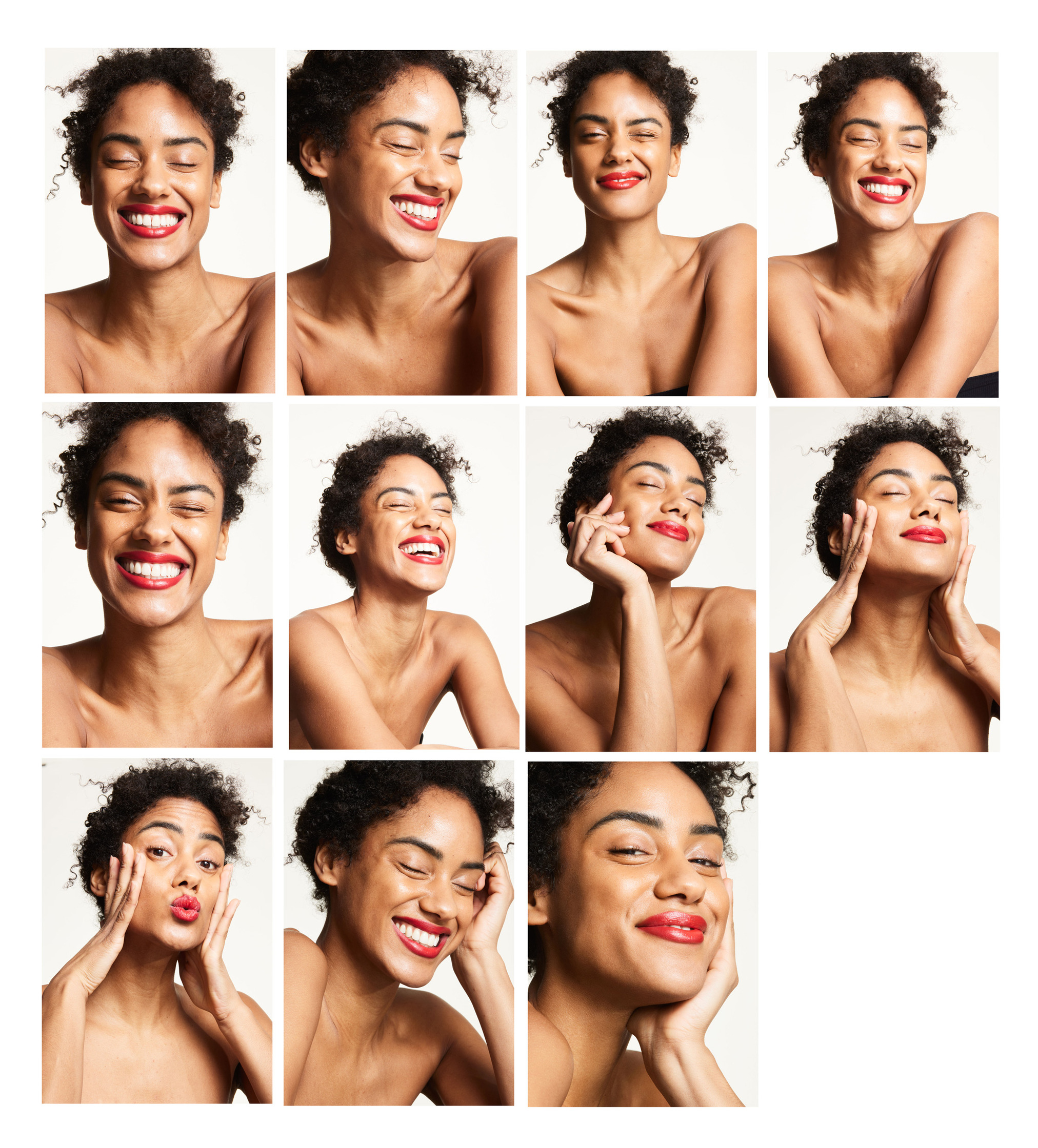 a collage of photos of a woman with different facial expressions