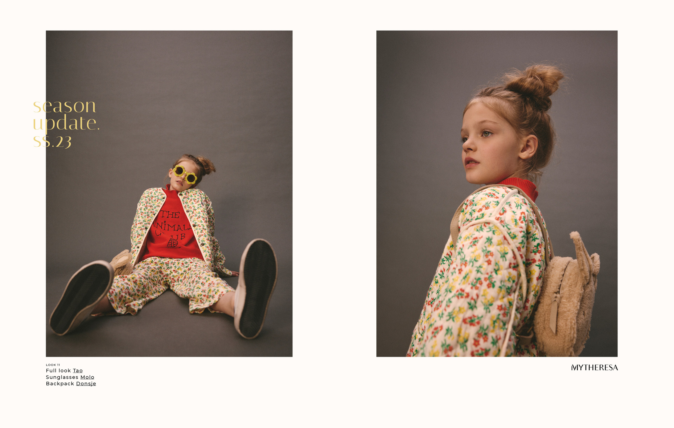 two pictures of a little girl in a floral outfit