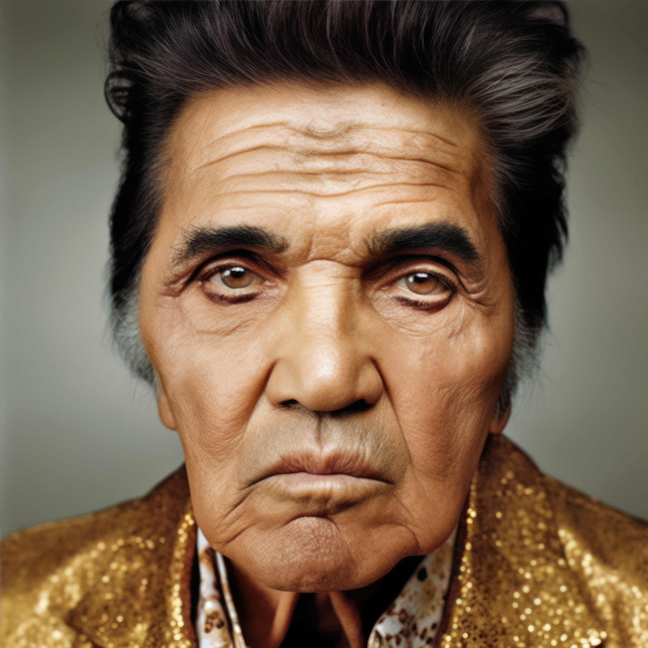elvis presley's face at age 70 in a gold jacket