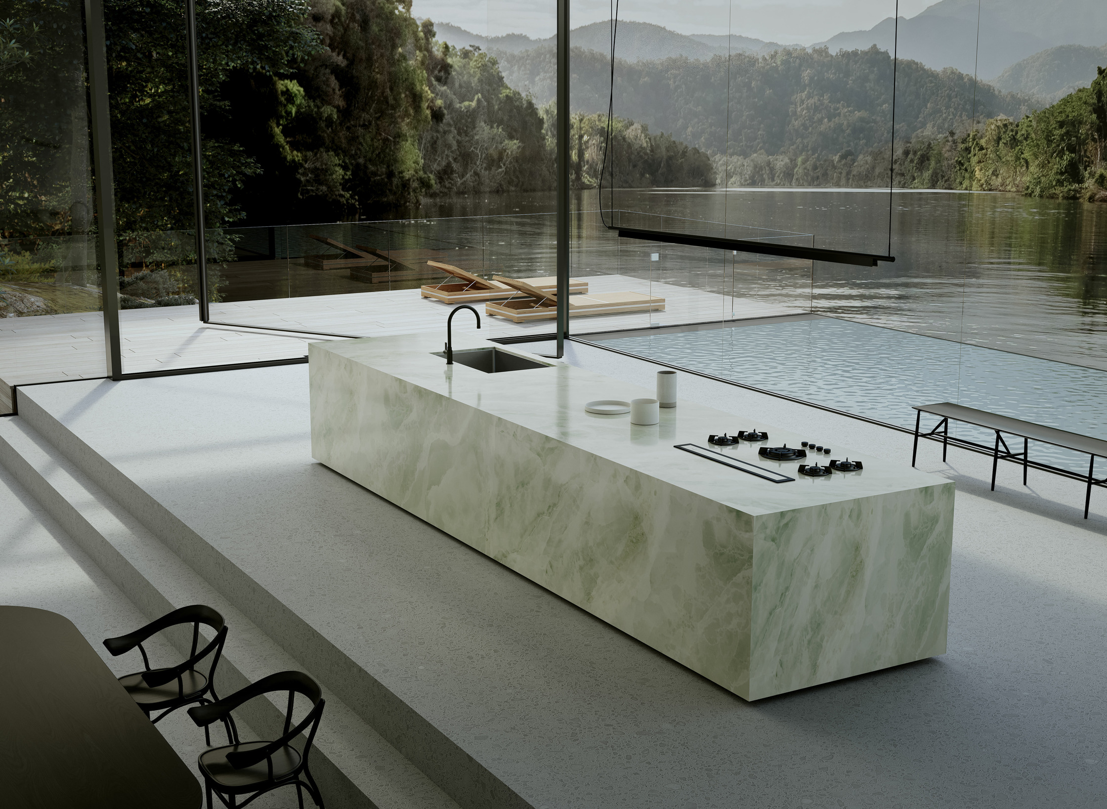a modern kitchen with a view of a lake
