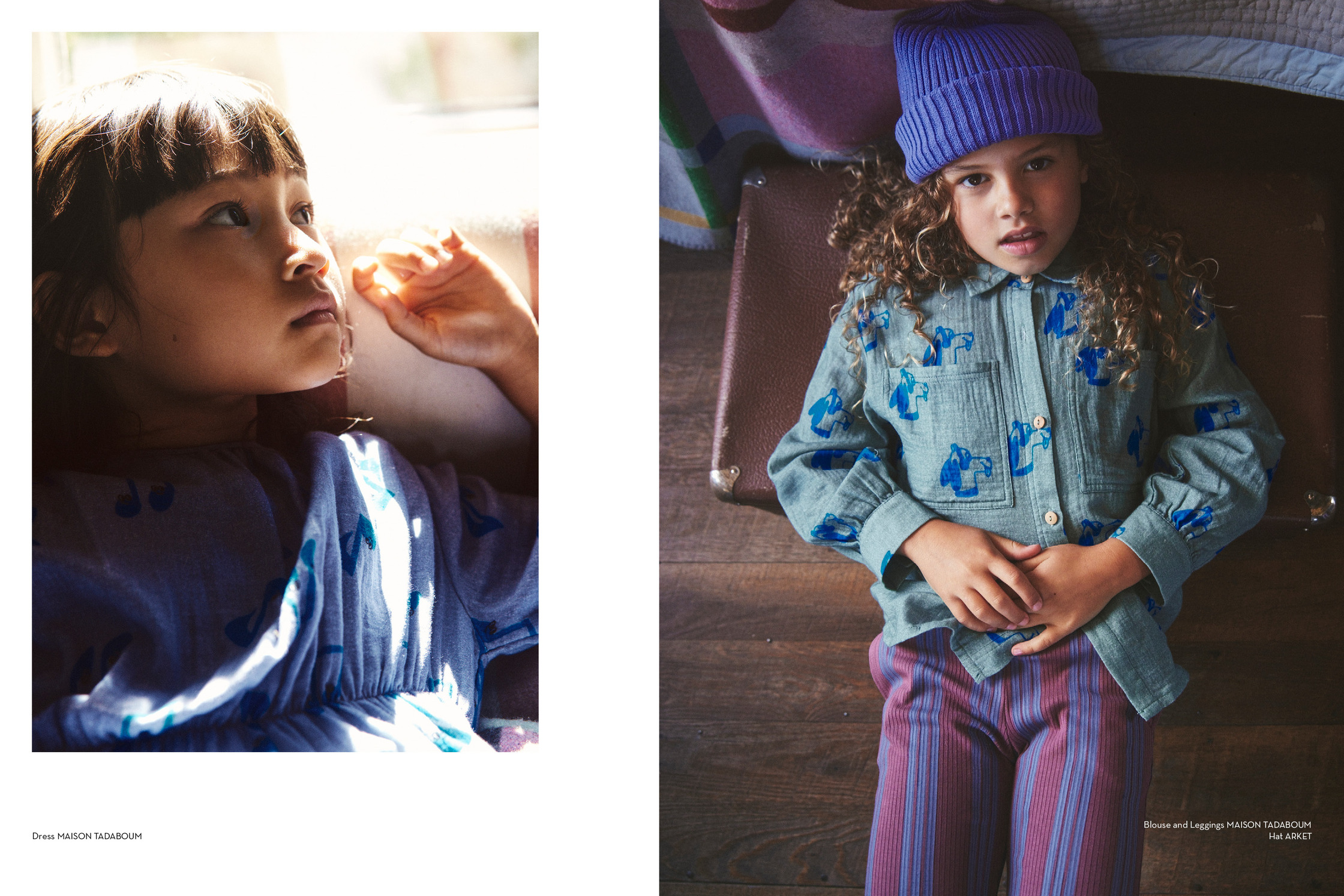 two pictures of a little girl wearing a purple hat