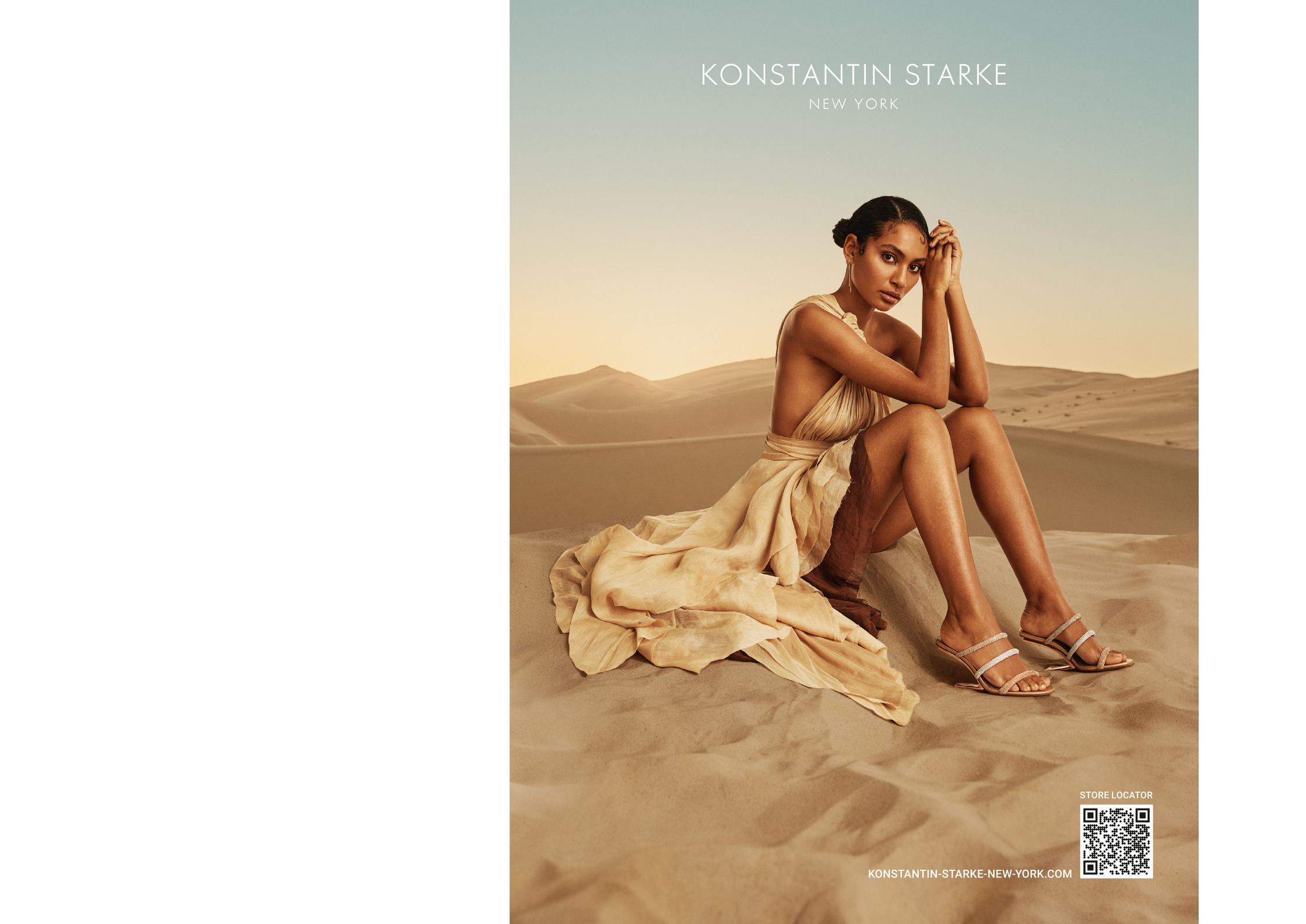 a woman in a dress sitting on a sand dune. advertising key visual for konstantin starke new york.