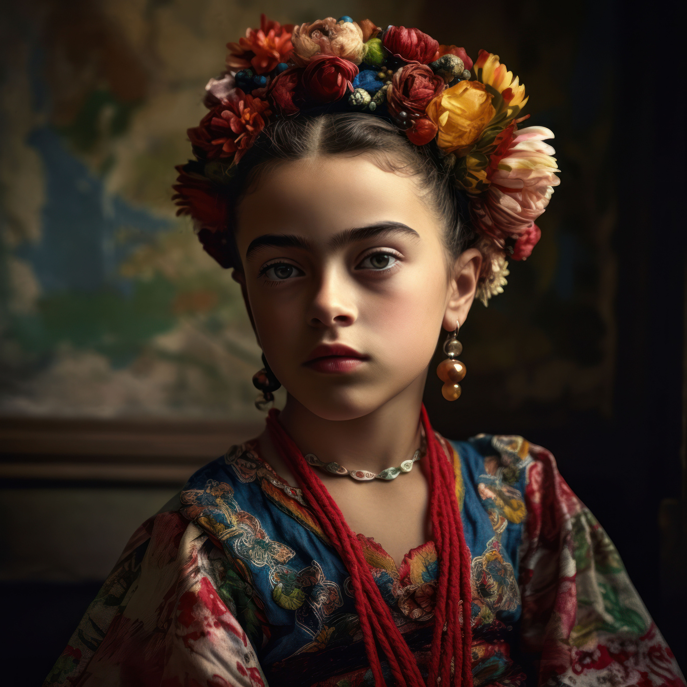 a young girl in a traditional mexican dress looking like famous painter Frida Kahlo, AI artwork