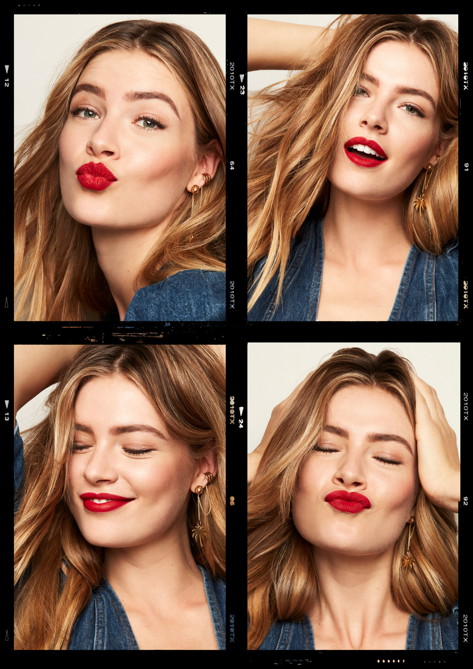 four different pictures of a woman with red lips
