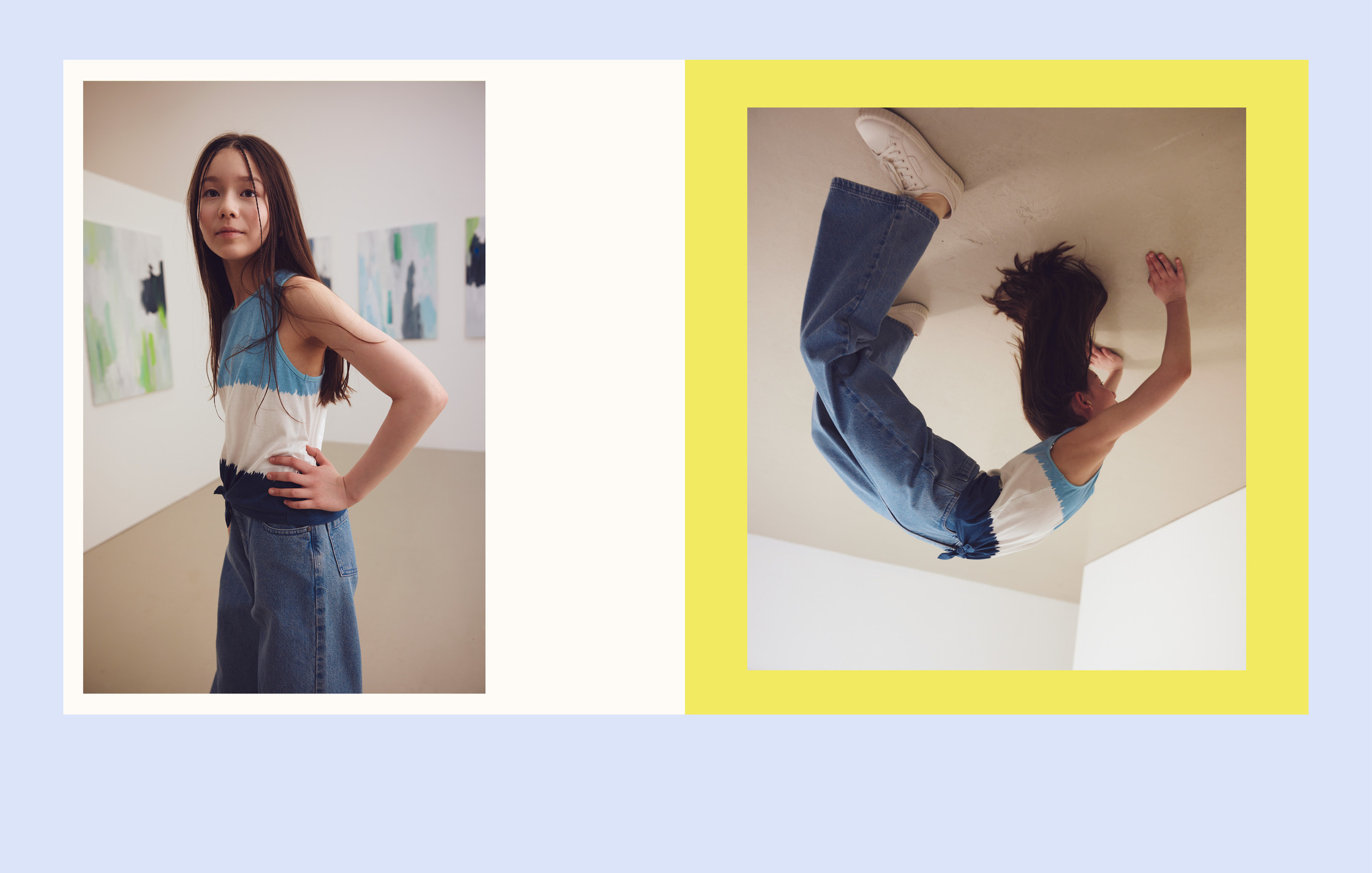 two pictures of a woman in a blue top and jeans