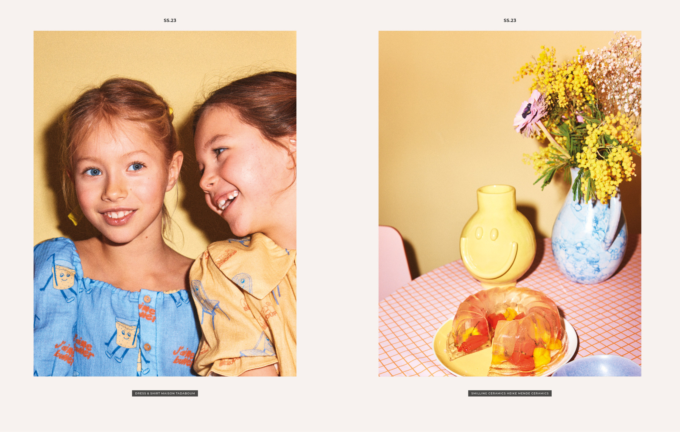 two pictures of young girls smiling at each other in front of a table