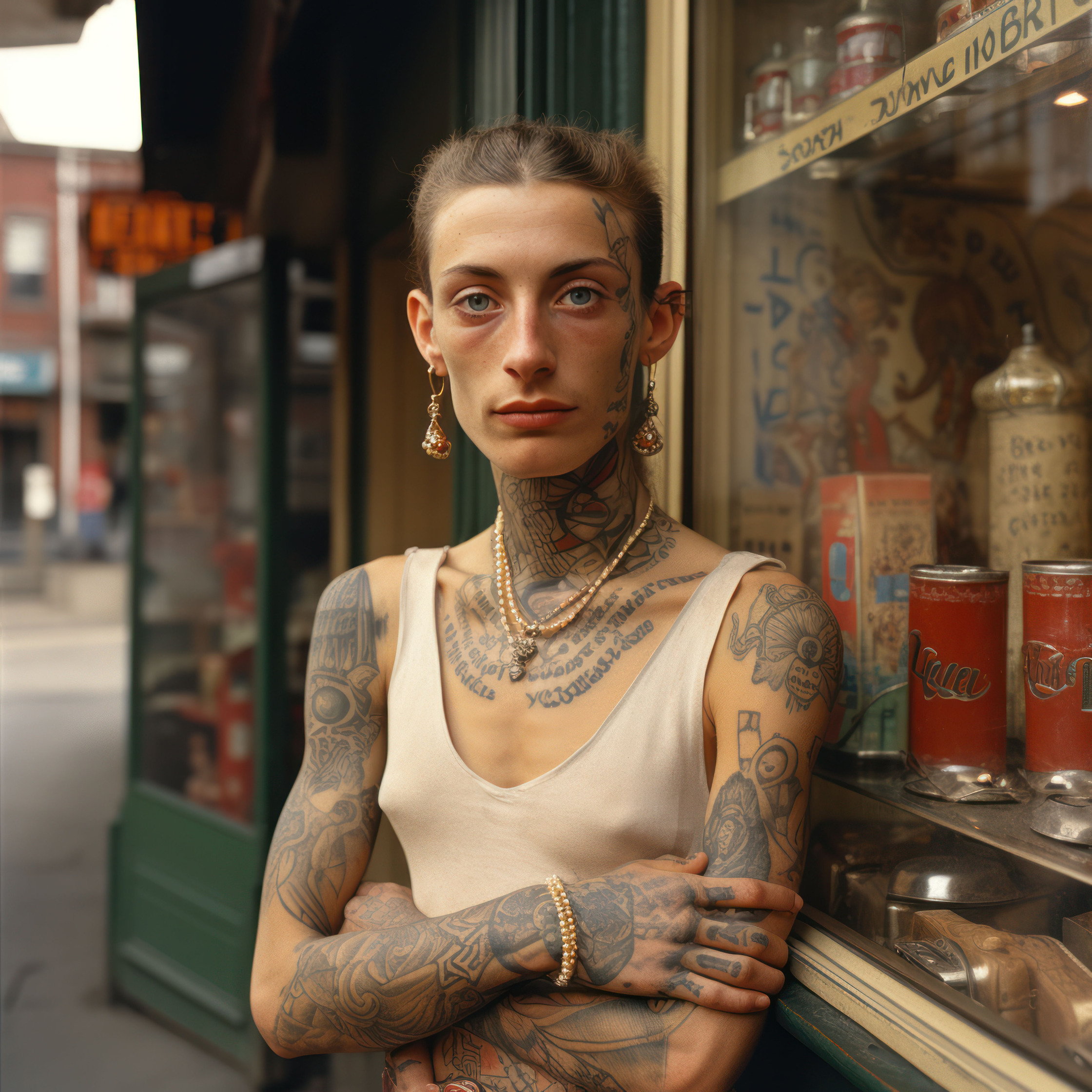 a transsexual with tattoos in front of a store