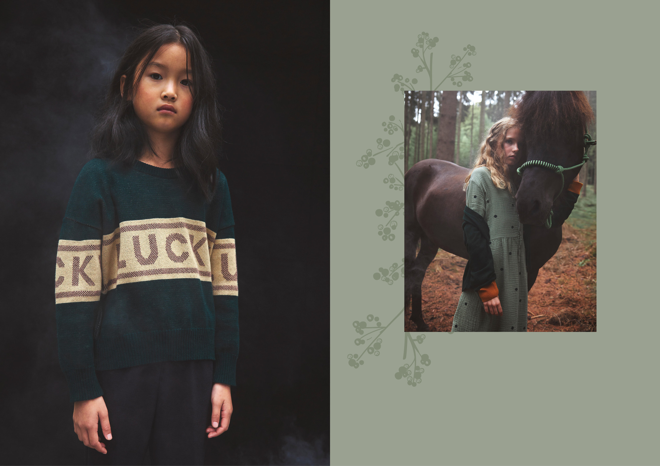 a girl is standing next to a horse in a green sweater